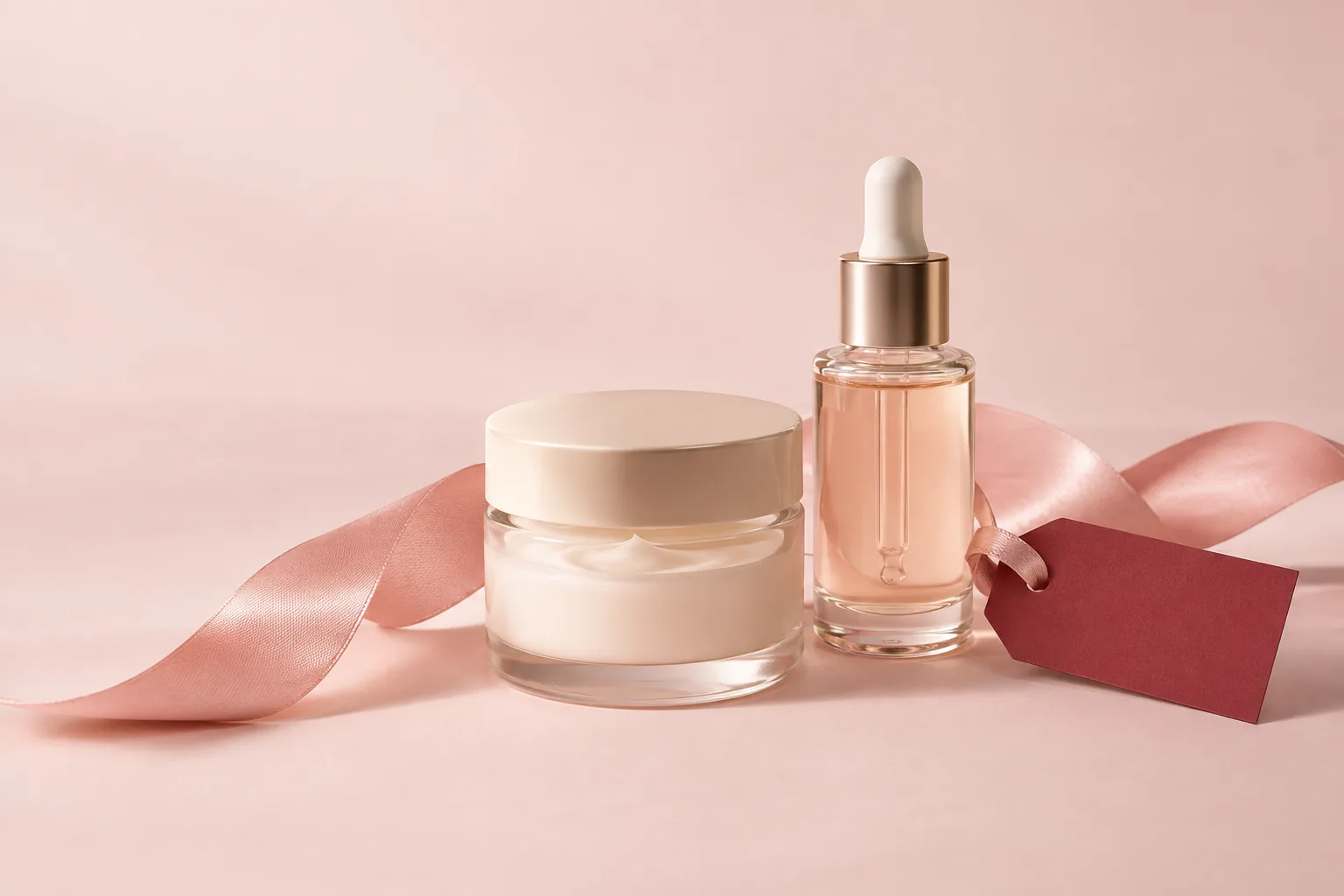 Unbranded skincare jar and bottle beside a pink gift ribbon